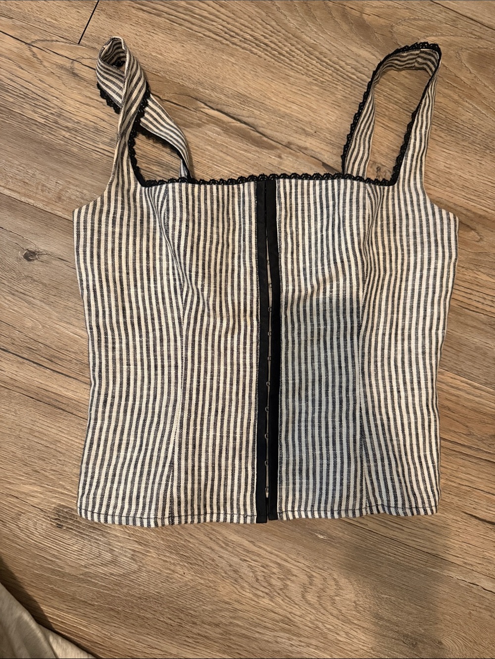 Reformation Black and Cream Striped Hook-Front Cami with Scallop Trim